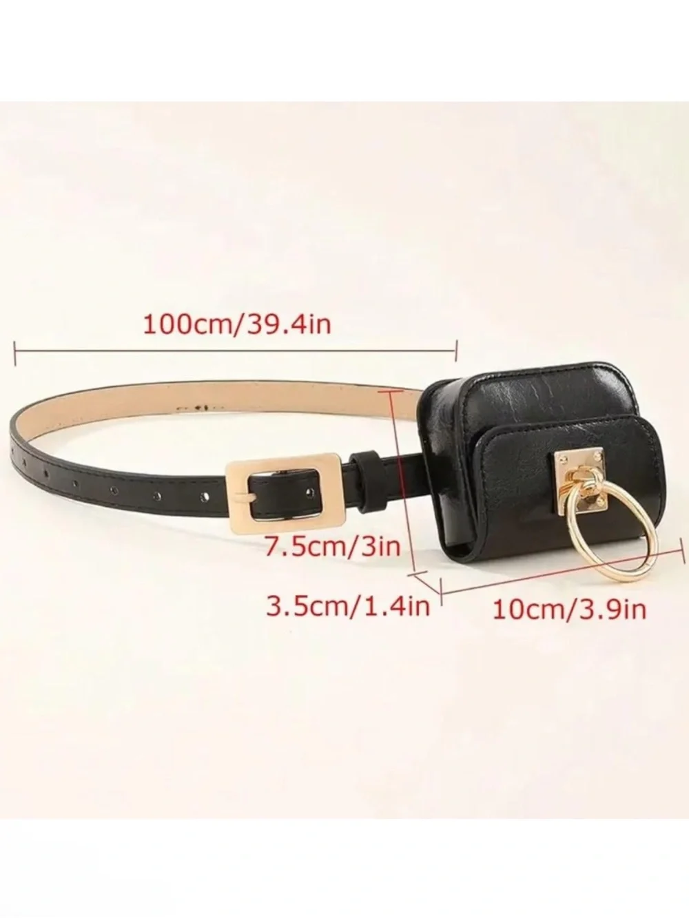 Elegant Black Leather Belt Pouch Gold Buckle Waist Bag